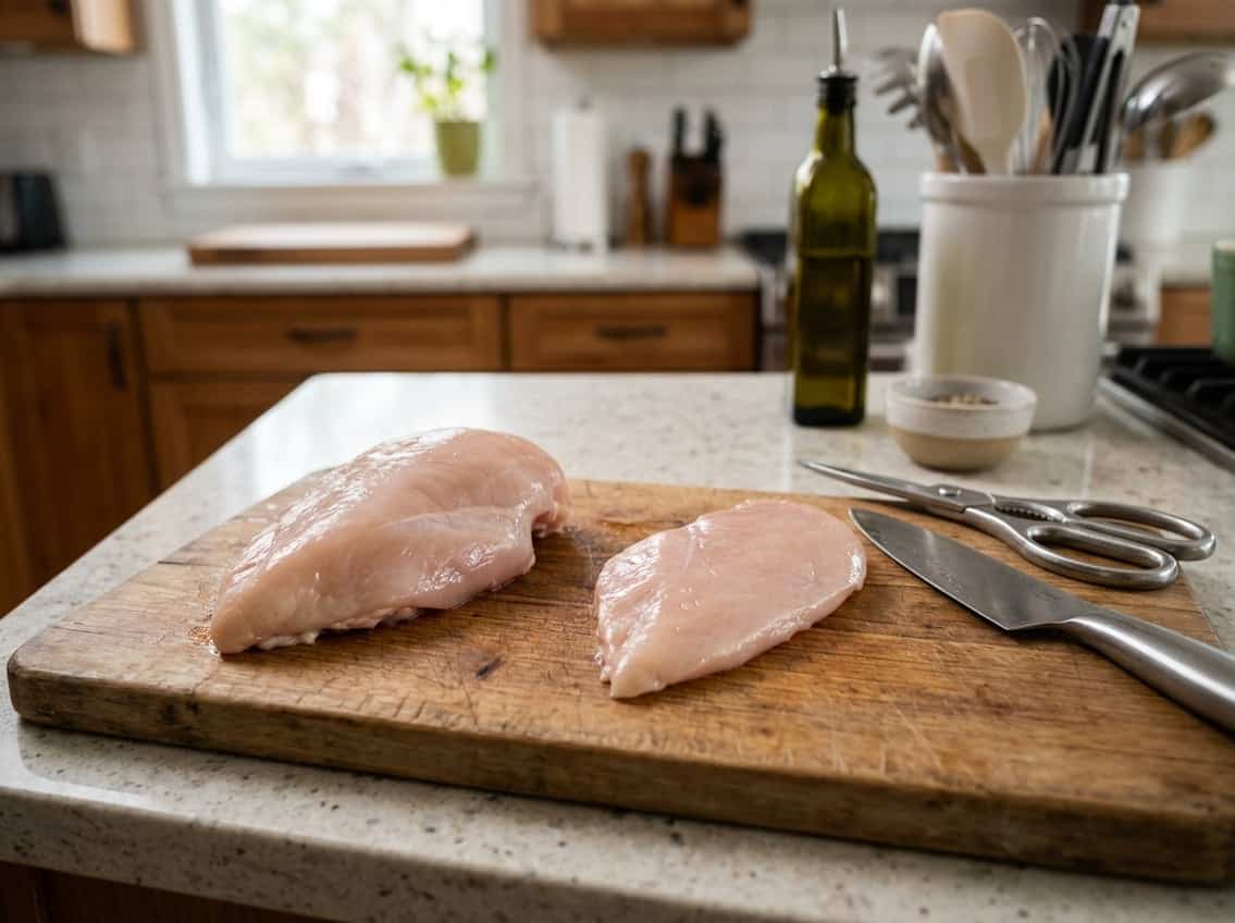 A kitchen countertop with a raw chicken breast on a cutting board and a trimmed chicken cutlet next to it, along with a knife and kitchen shears.