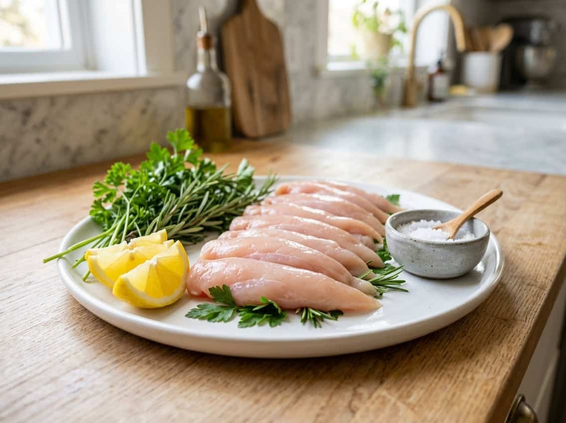 Fresh raw chicken breast tenderloins on a white plate with herbs and lemon wedges in a bright kitchen setting.