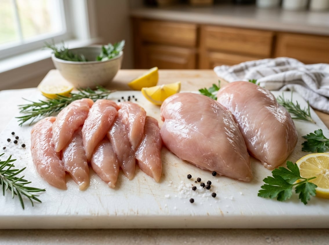 Close-up of raw chicken tenderloins and chicken breasts side by side on a cutting board with fresh herbs and lemon slices.