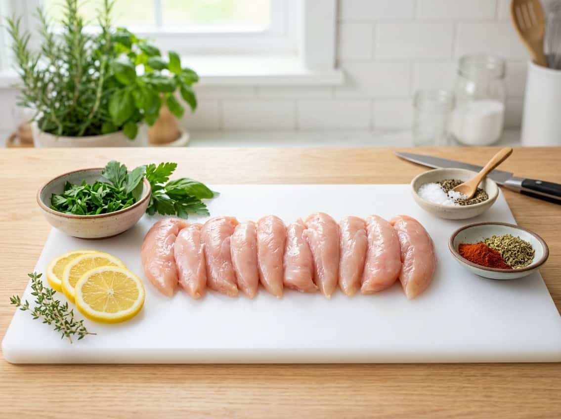 Fresh raw chicken breast tenderloins on a white cutting board with herbs, lemon slices, and spices in a bright kitchen.