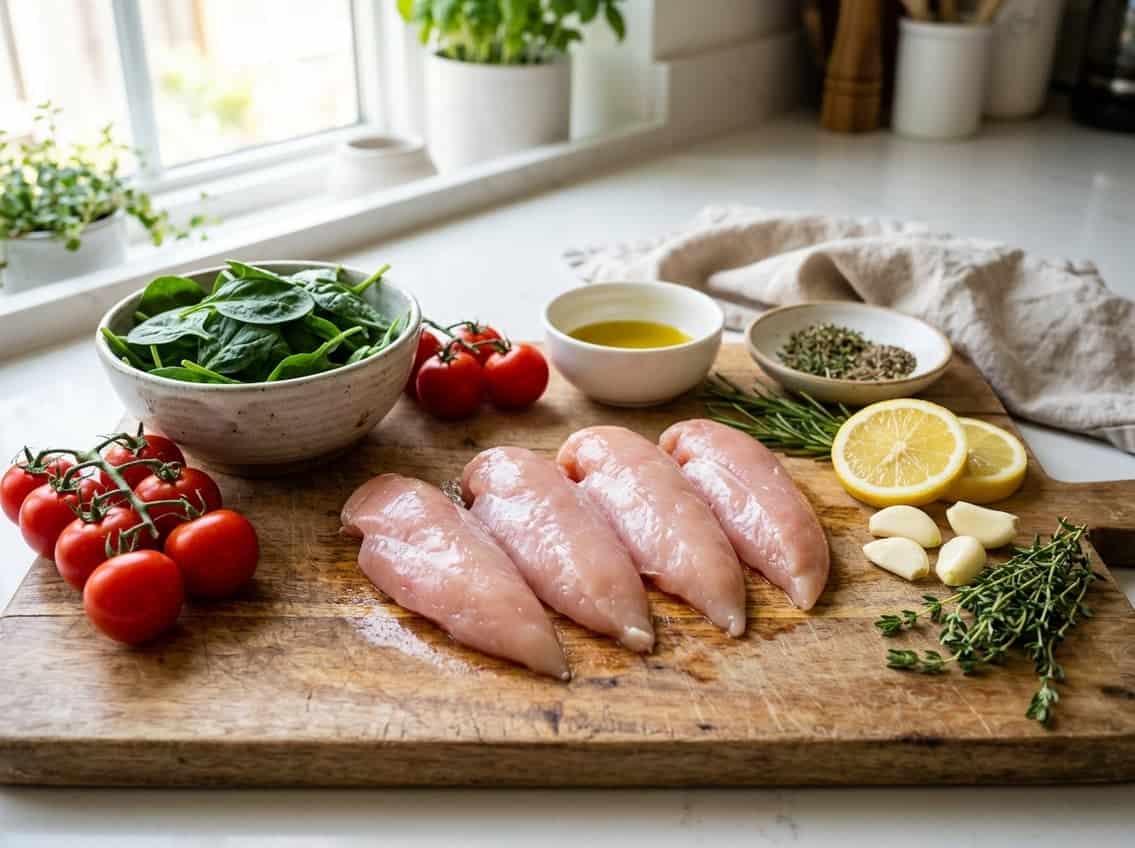 Raw chicken breast tenderloins on a cutting board surrounded by fresh vegetables and herbs in a kitchen setting.
