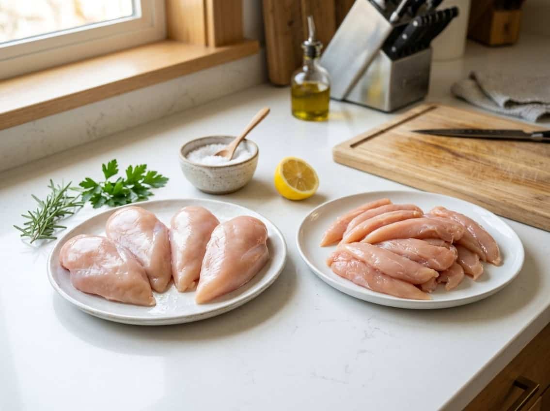 Raw chicken breast and chicken tenders arranged on separate plates on a kitchen countertop with fresh herbs and cooking ingredients nearby.
