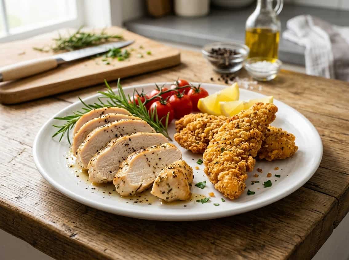 Close-up of cooked chicken breast slices and crispy chicken tenders on a white plate with fresh herbs and lemon wedges on a kitchen countertop.