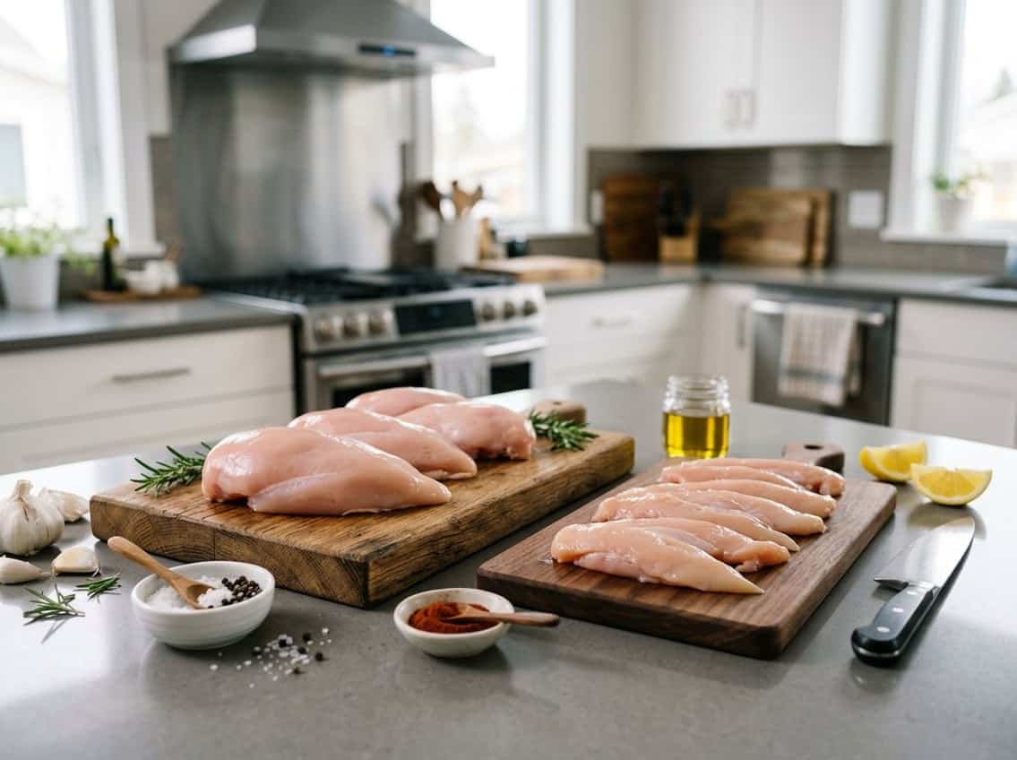 A kitchen countertop with raw chicken breasts and chicken tenders on separate cutting boards surrounded by fresh herbs, garlic, lemon, and spices.