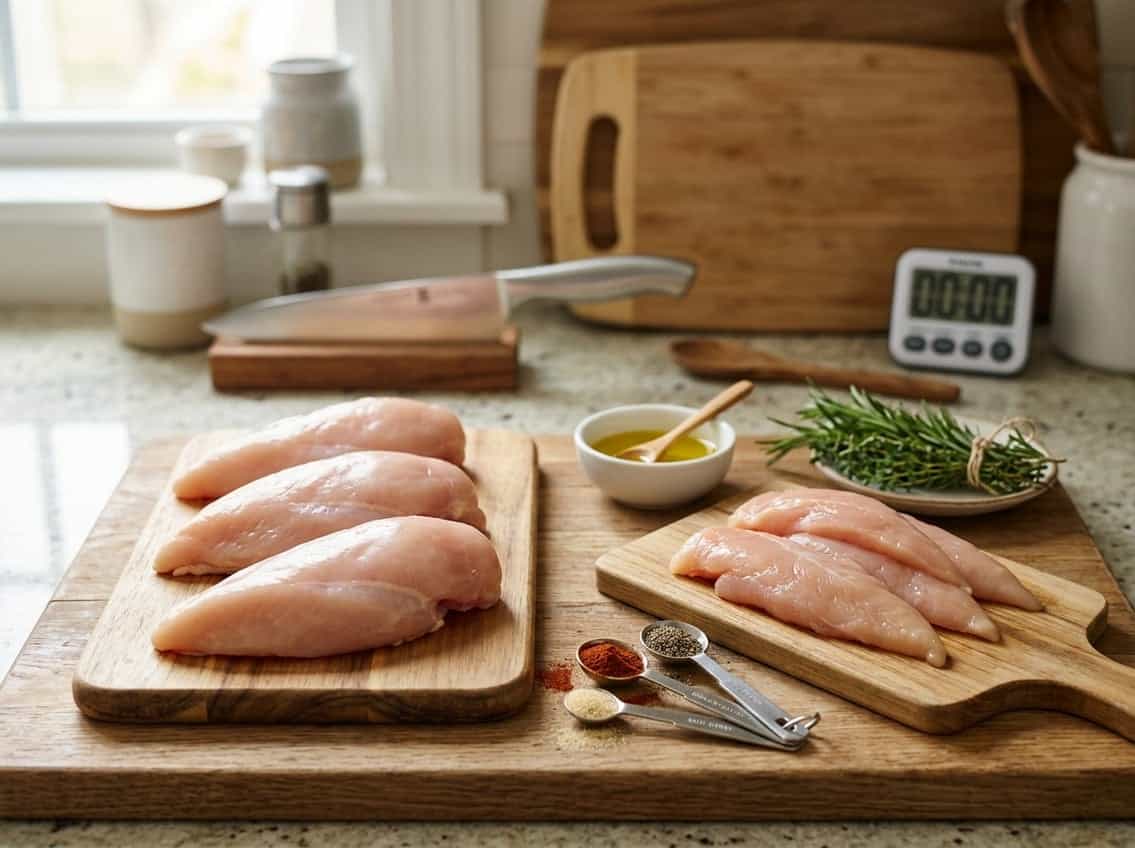 Raw chicken breast and chicken tenders on wooden cutting boards with spices and herbs on a kitchen countertop.