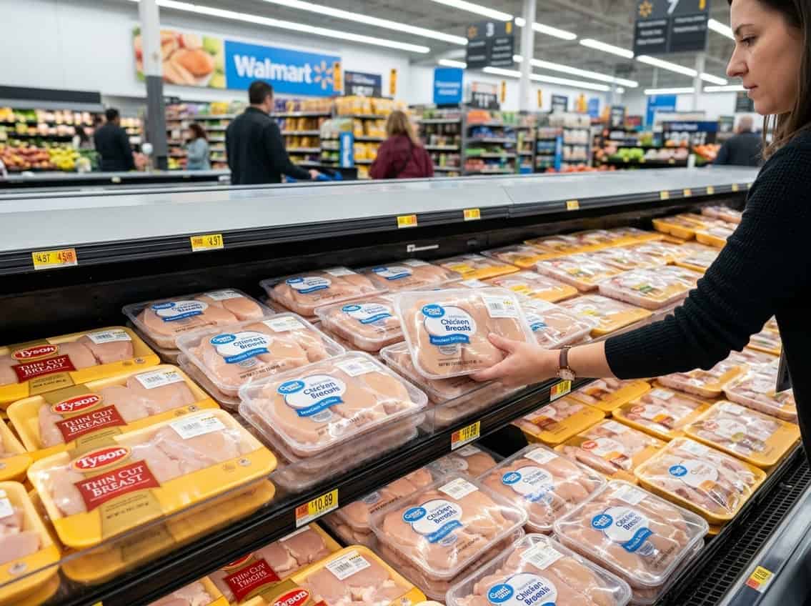 A shopper selecting packaged chicken breasts from a refrigerated meat section inside a Walmart store.