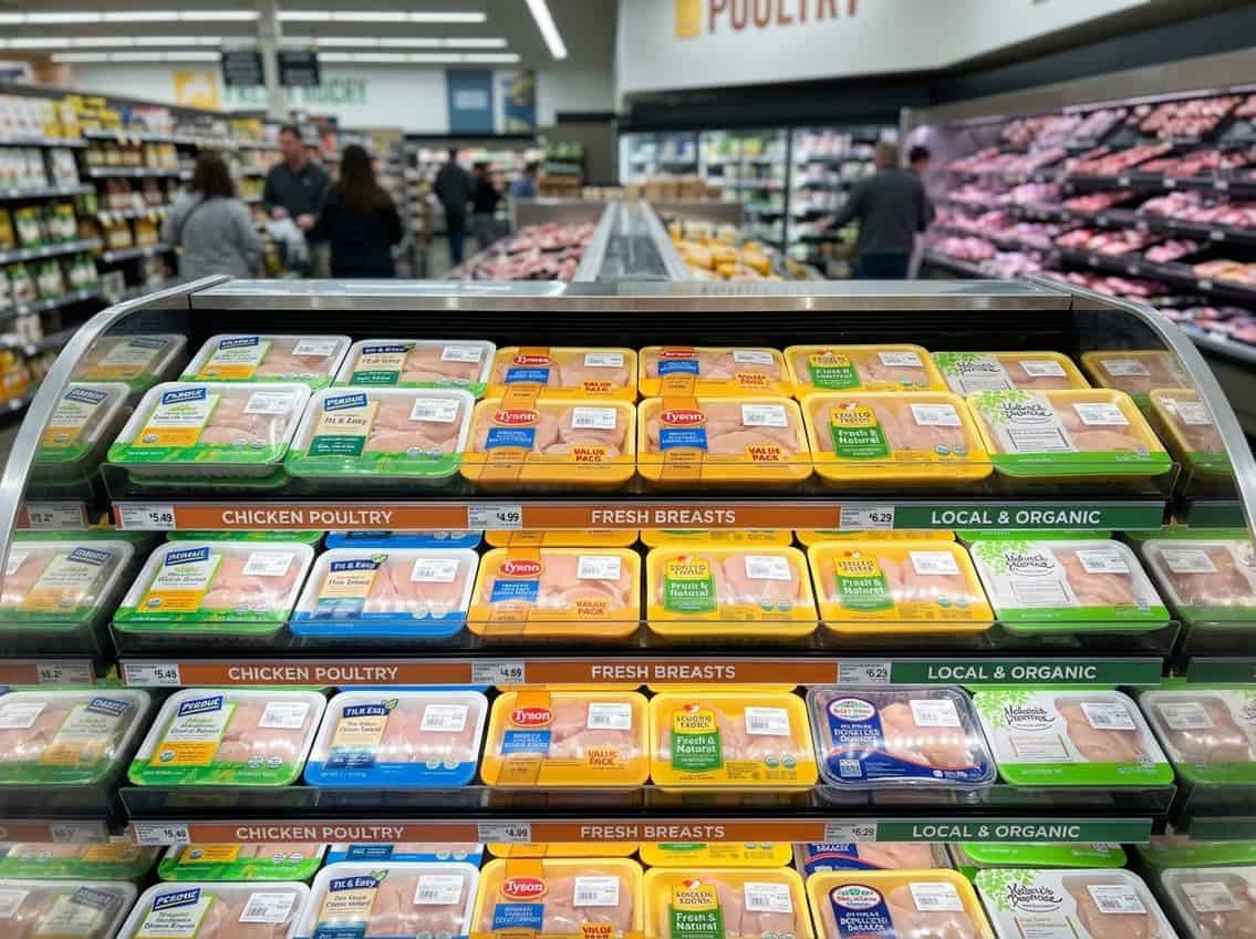 Supermarket refrigerated shelf stocked with various packages of chicken breast from different brands.