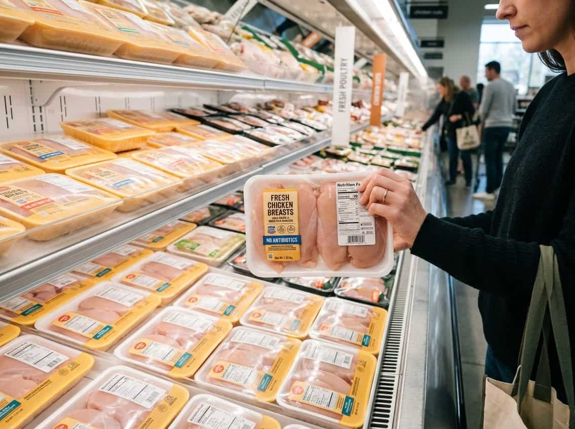 A person holding a package of chicken breasts in a grocery store poultry section, examining the label while other packaged chicken products are displayed on shelves.