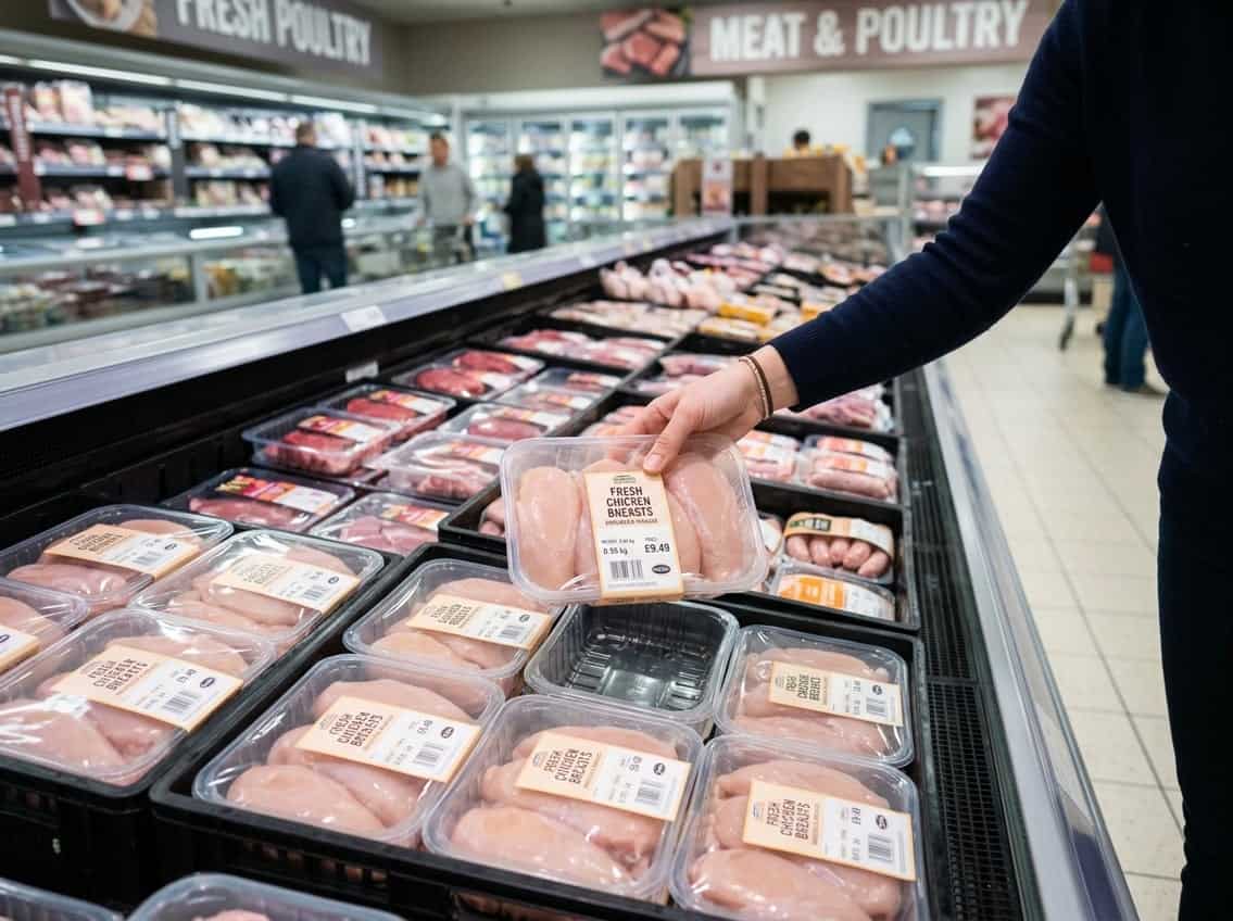 A shopper selecting packaged chicken breasts in a grocery store meat aisle.