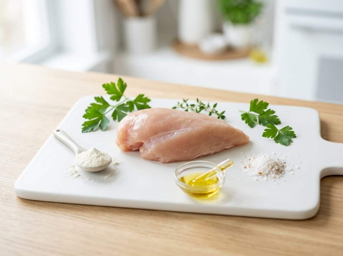 A single raw chicken breast on a white cutting board with small portions of protein powder, cooking oil, salt, and fresh herbs arranged around it.
