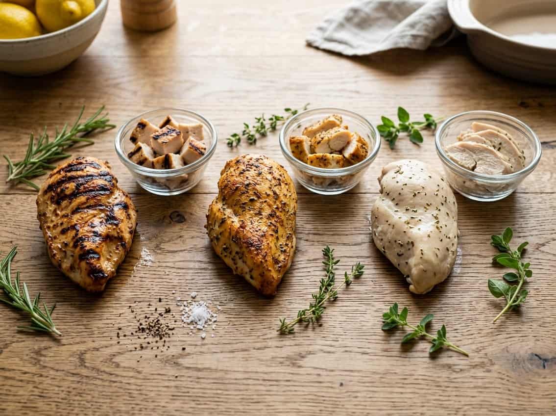 Three cooked chicken breasts prepared with different cooking methods displayed on a wooden table with small bowls showing portion sizes beside them.