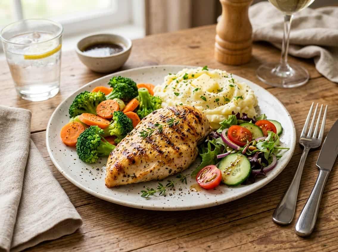 A cooked chicken breast on a plate with steamed vegetables, mashed potatoes, and salad on a wooden table.