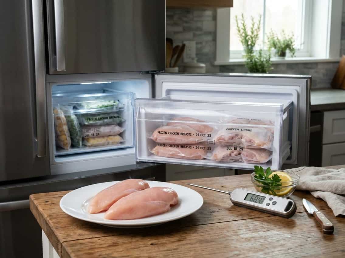 Fresh raw chicken breasts on a plate next to an open freezer drawer with frozen chicken packages in a kitchen.