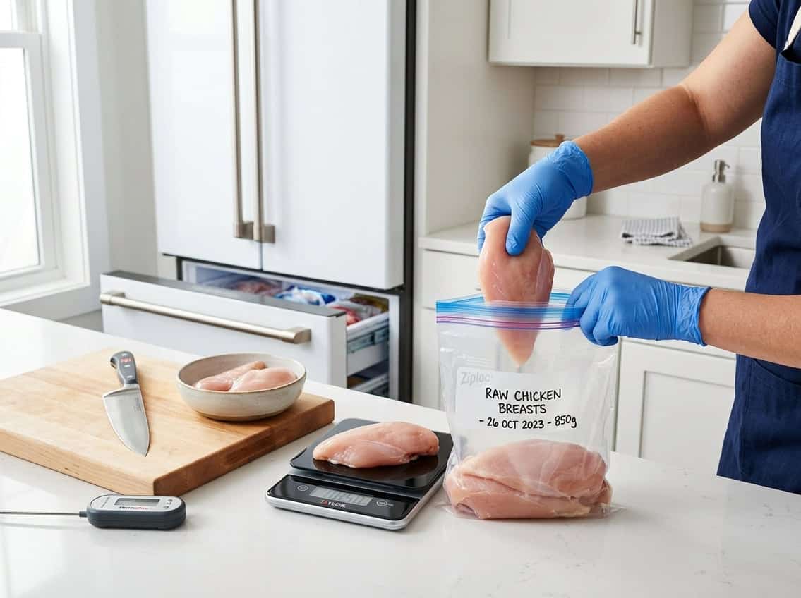 Hands wearing gloves placing raw chicken breasts into a freezer bag on a kitchen countertop with kitchen tools nearby.