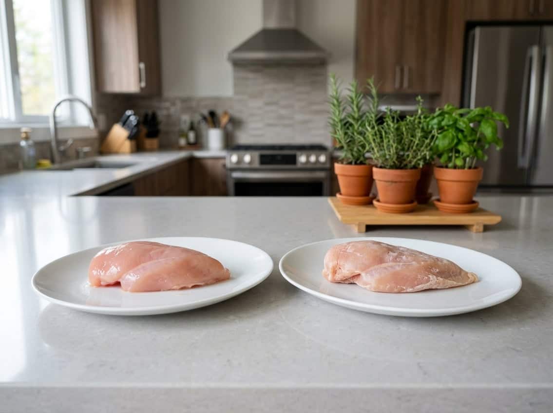 Two plates on a kitchen countertop displaying fresh and refrozen chicken breasts side by side with a modern kitchen in the background.