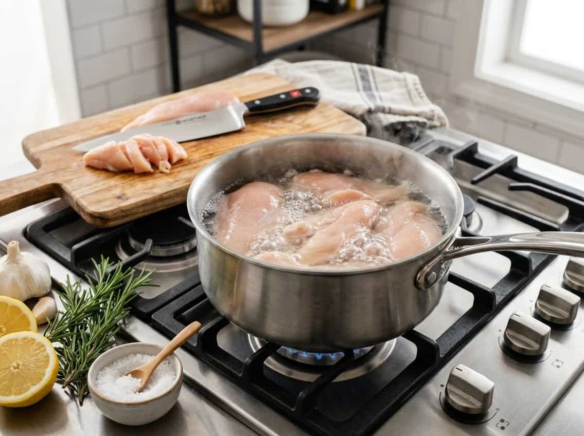 A kitchen stovetop with a pot of water boiling chicken breasts, surrounded by fresh herbs, lemon slices, and garlic on a wooden cutting board.