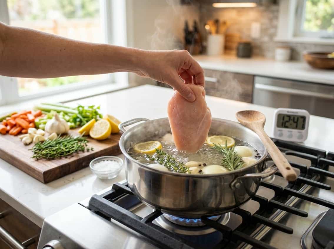 A fresh chicken breast being placed into a pot of simmering water on a stovetop with fresh herbs and vegetables nearby.