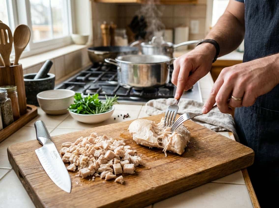 Hands shredding and chopping cooked chicken breast on a wooden cutting board in a kitchen setting.