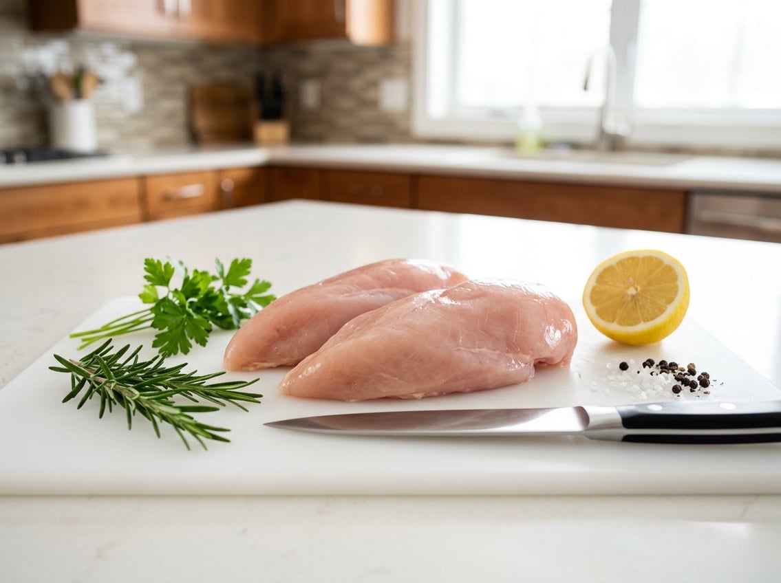 Close-up of fresh raw chicken breasts on a white cutting board with herbs, lemon, and a kitchen knife in a bright kitchen.