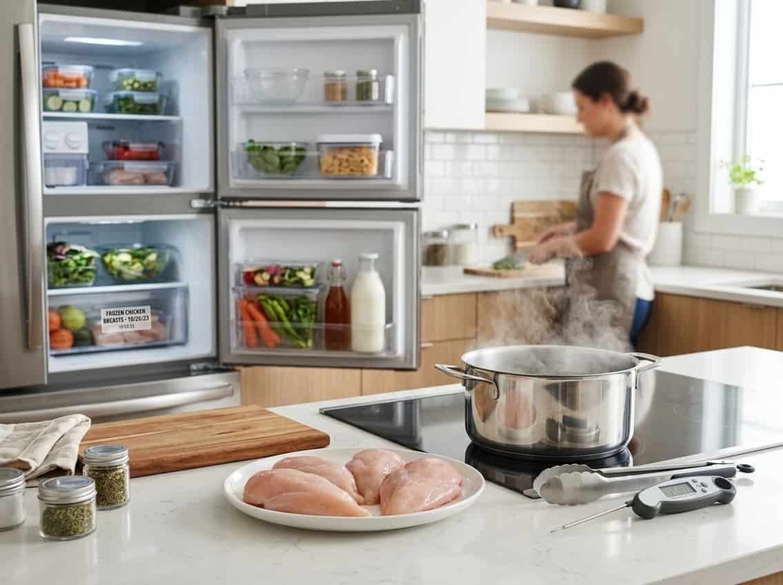 Fresh raw chicken breasts on a plate next to a pot of boiling water on a stove, with frozen chicken stored inside a refrigerator in a clean kitchen.