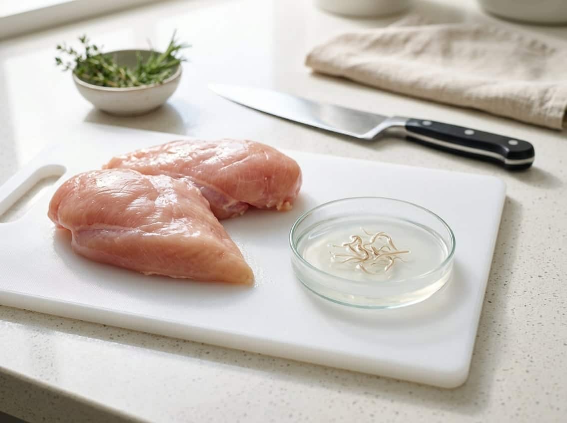 Close-up of raw chicken breasts on a cutting board with a petri dish containing small worms nearby in a kitchen setting.