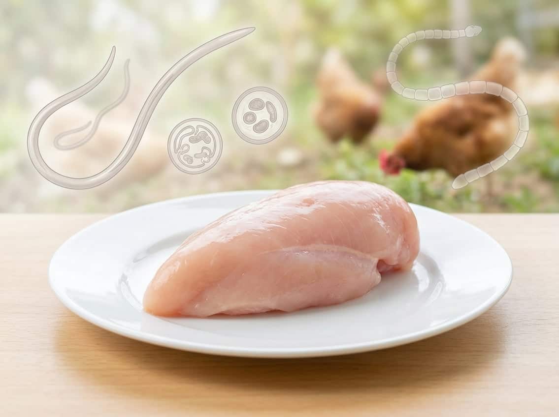 A fresh chicken breast on a white plate with faint illustrations of worms in the background and a farm setting behind.