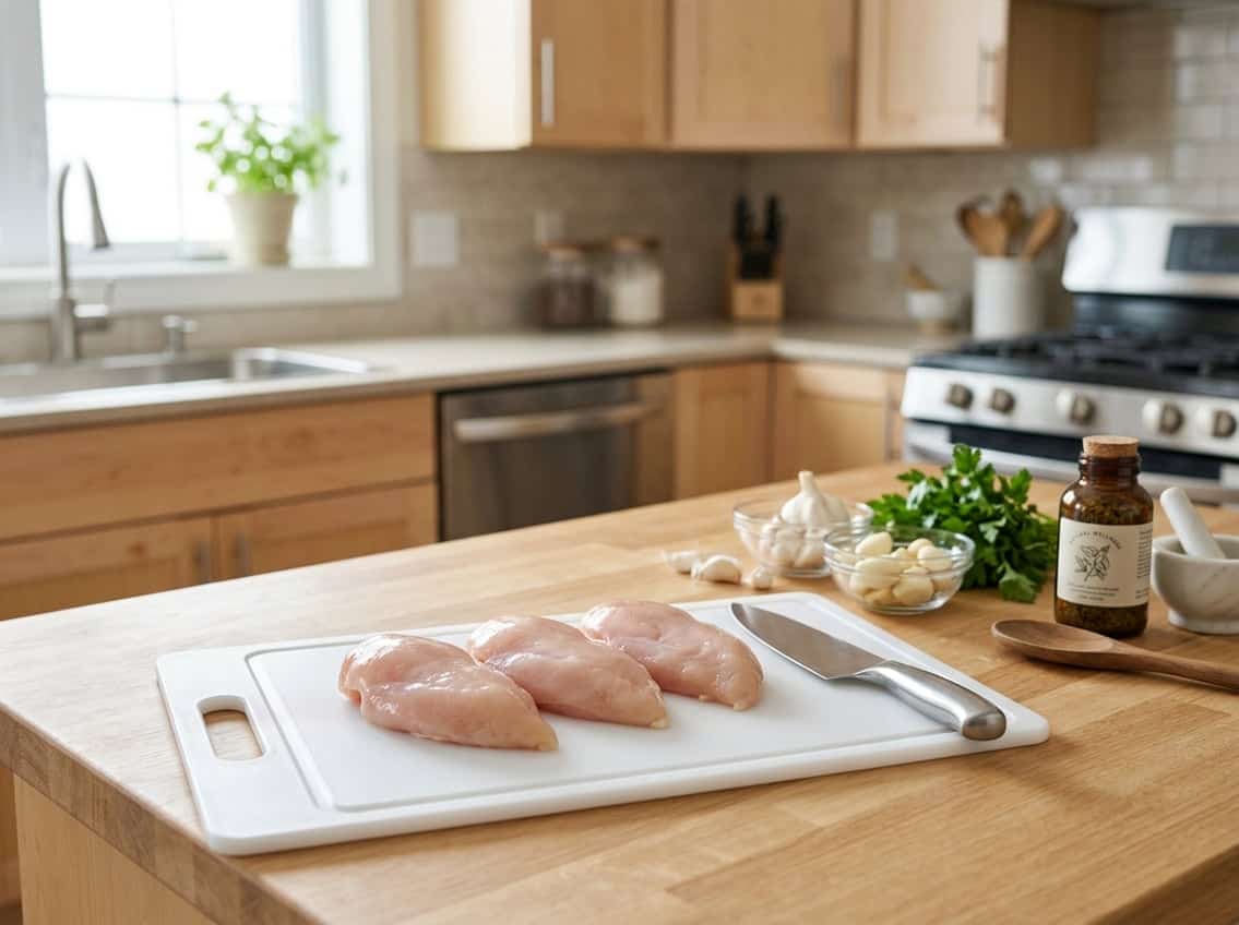 Fresh raw chicken breasts on a cutting board in a clean kitchen with natural deworming supplements and fresh herbs in the background.