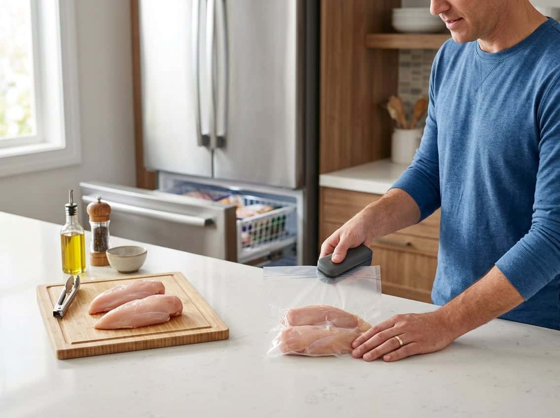 Hands placing raw chicken breasts into a freezer-safe bag on a kitchen countertop with a freezer open in the background.