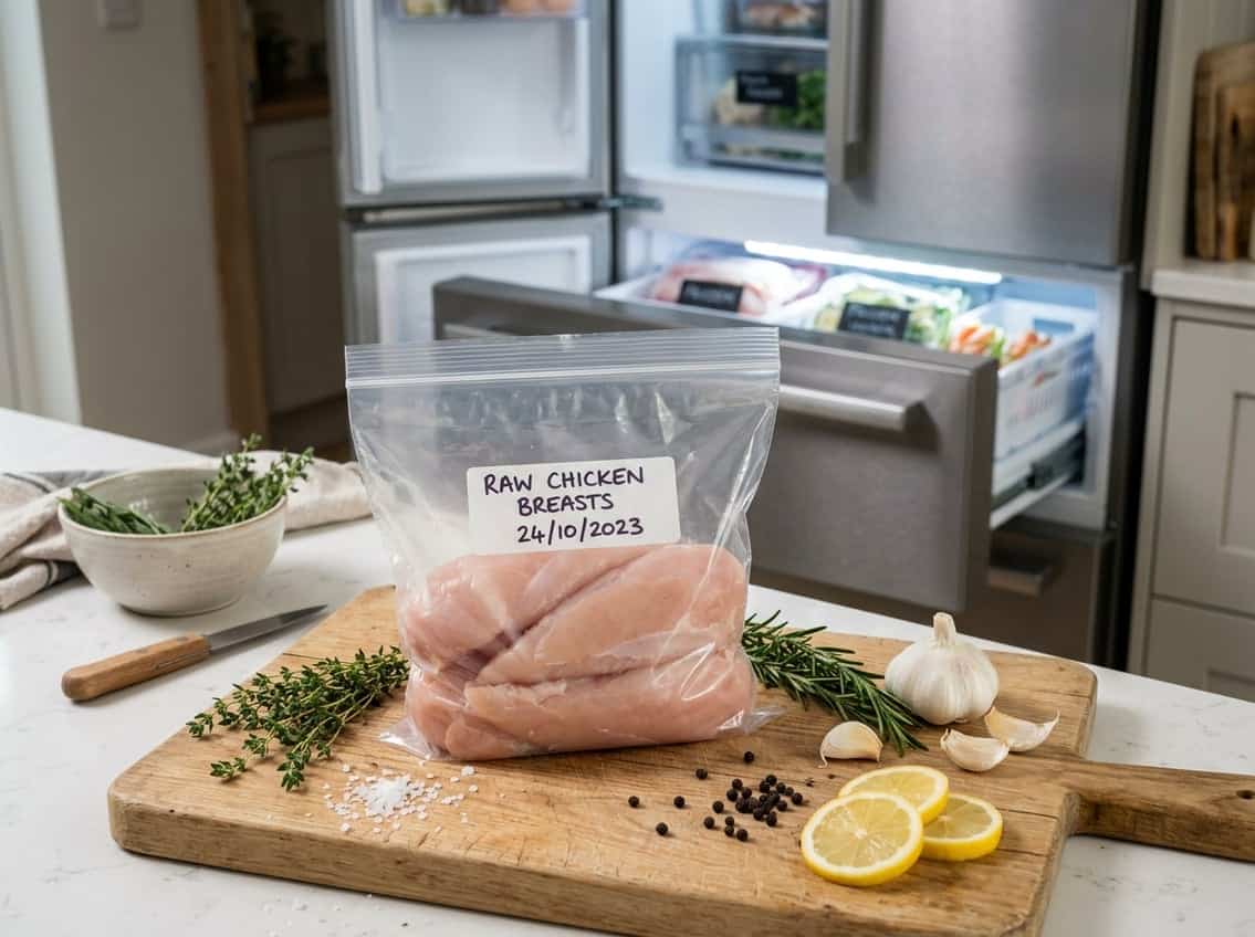 A sealed freezer bag with raw chicken breasts on a wooden cutting board surrounded by herbs and lemon slices in a kitchen setting.