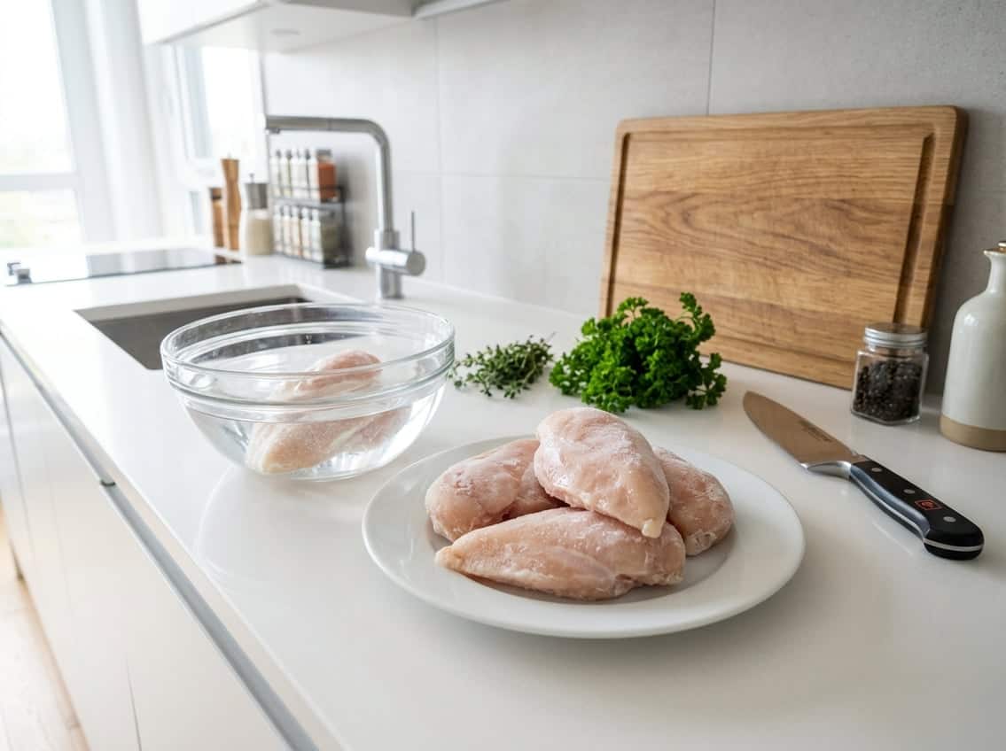 Raw frozen chicken breasts on a white plate next to a glass bowl of water on a kitchen countertop with utensils and fresh herbs nearby.