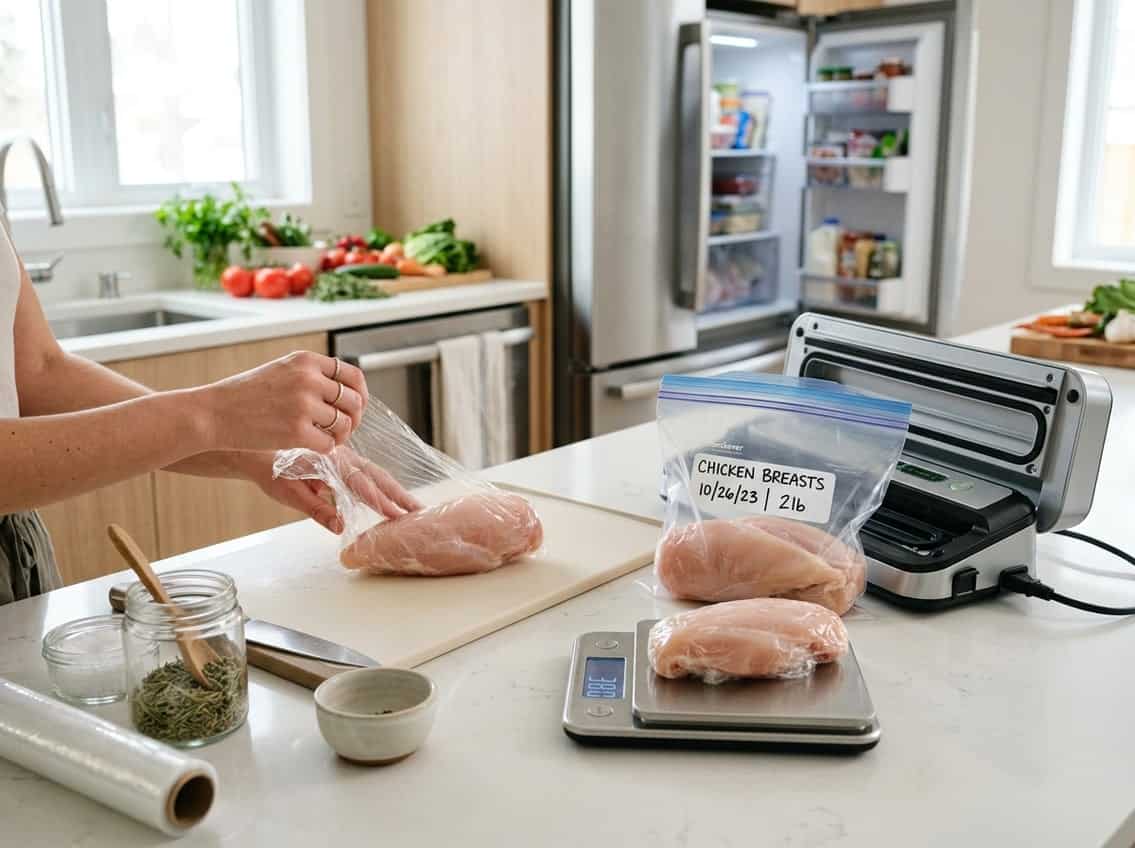 Fresh raw chicken breasts being wrapped and placed into a freezer-safe bag on a kitchen countertop with kitchen tools nearby.