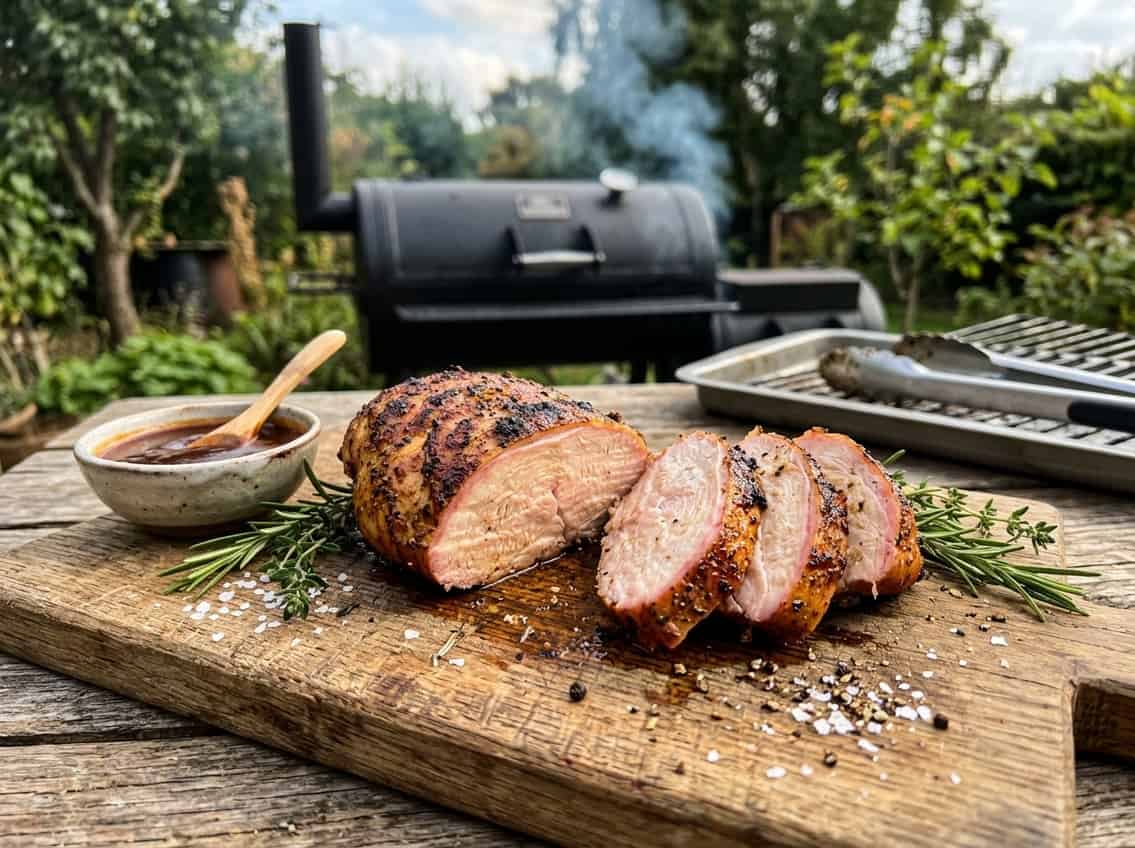 Smoked chicken breast on a wooden cutting board with herbs and sauce, next to a smoker grill with smoke rising.