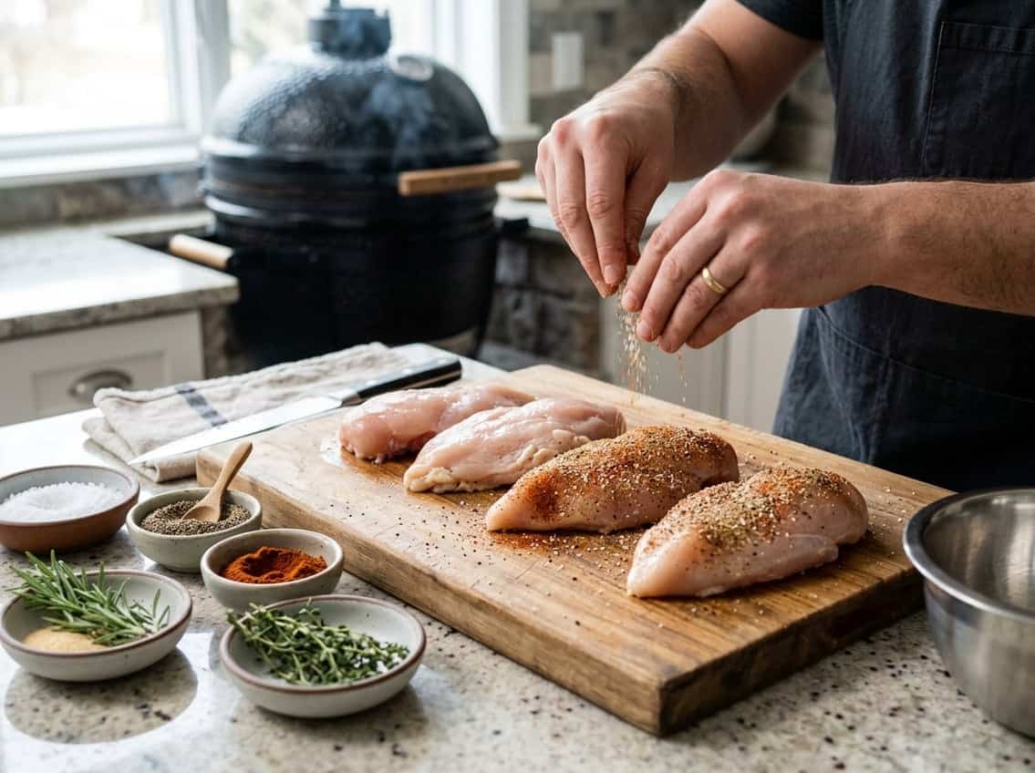 Hands seasoning raw chicken breasts on a wooden cutting board with bowls of spices nearby in a kitchen.