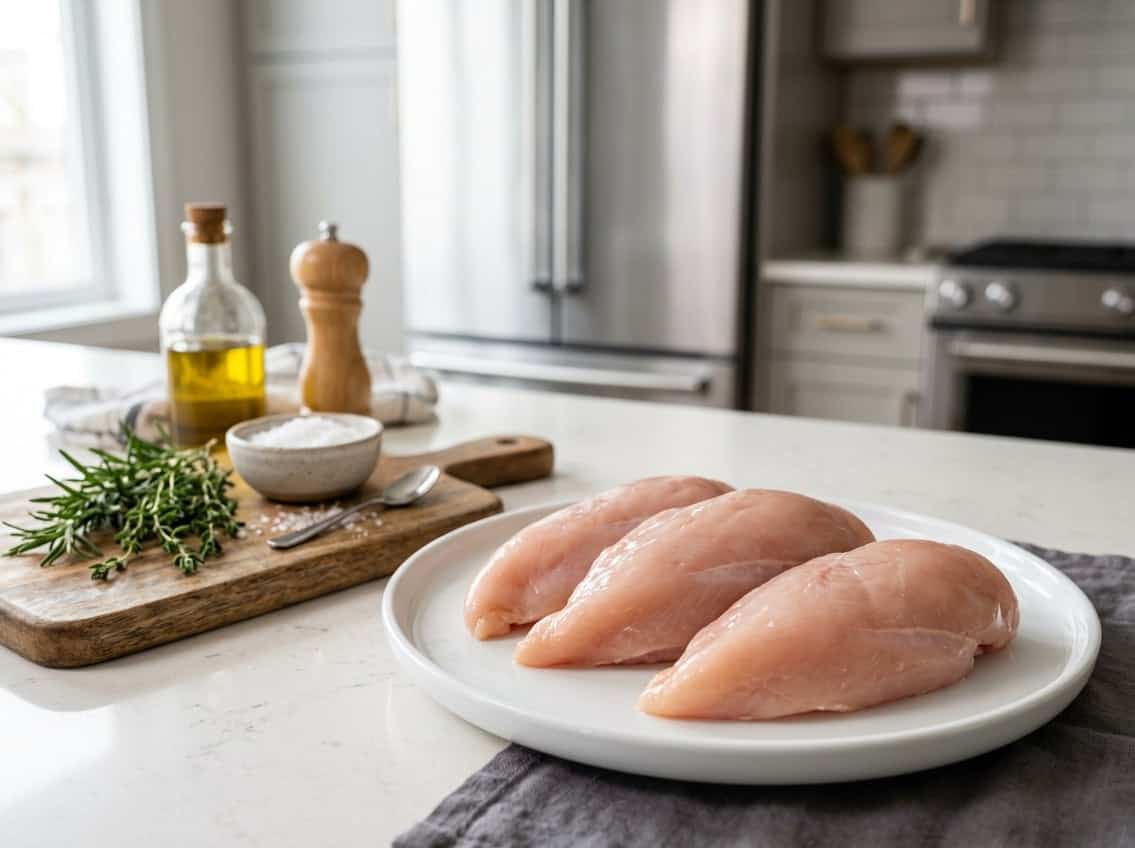 Raw chicken breasts on a white plate in a kitchen with herbs and a refrigerator in the background.