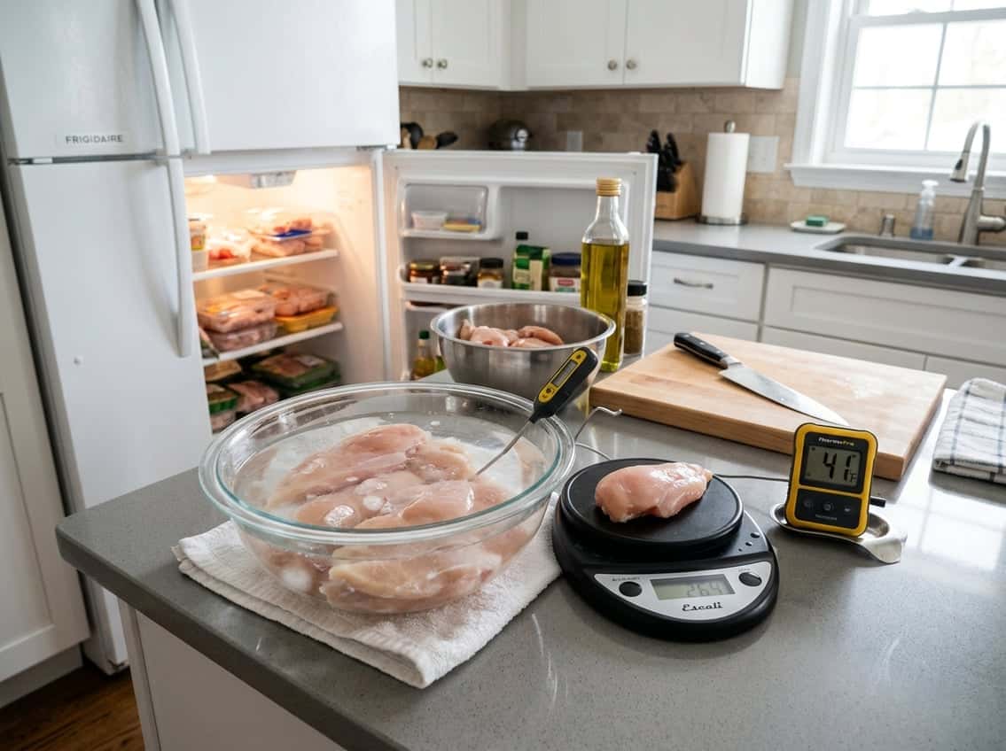 Raw chicken breasts thawing in a glass bowl on a kitchen countertop with a food thermometer and kitchen scale nearby, and an open refrigerator with packaged chicken in the background.