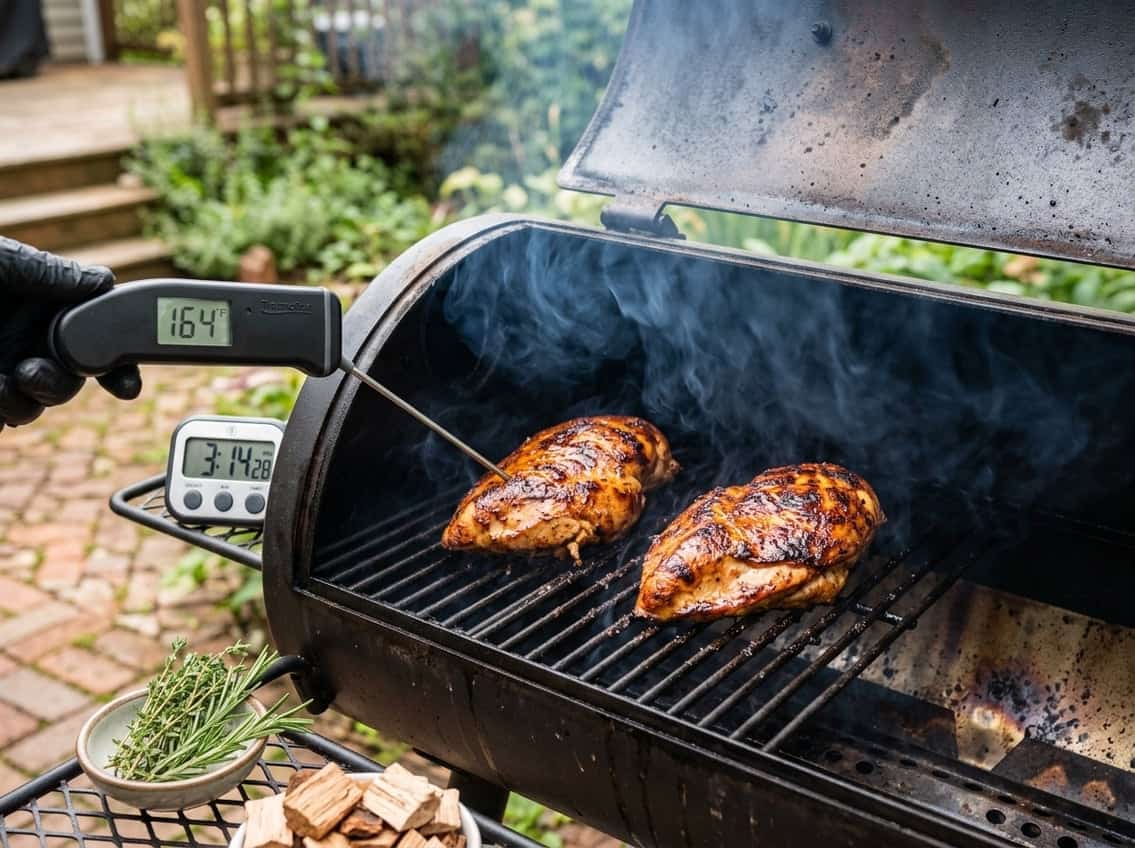 Close-up of smoked chicken breasts on a grill with a thermometer and timer nearby in an outdoor setting.