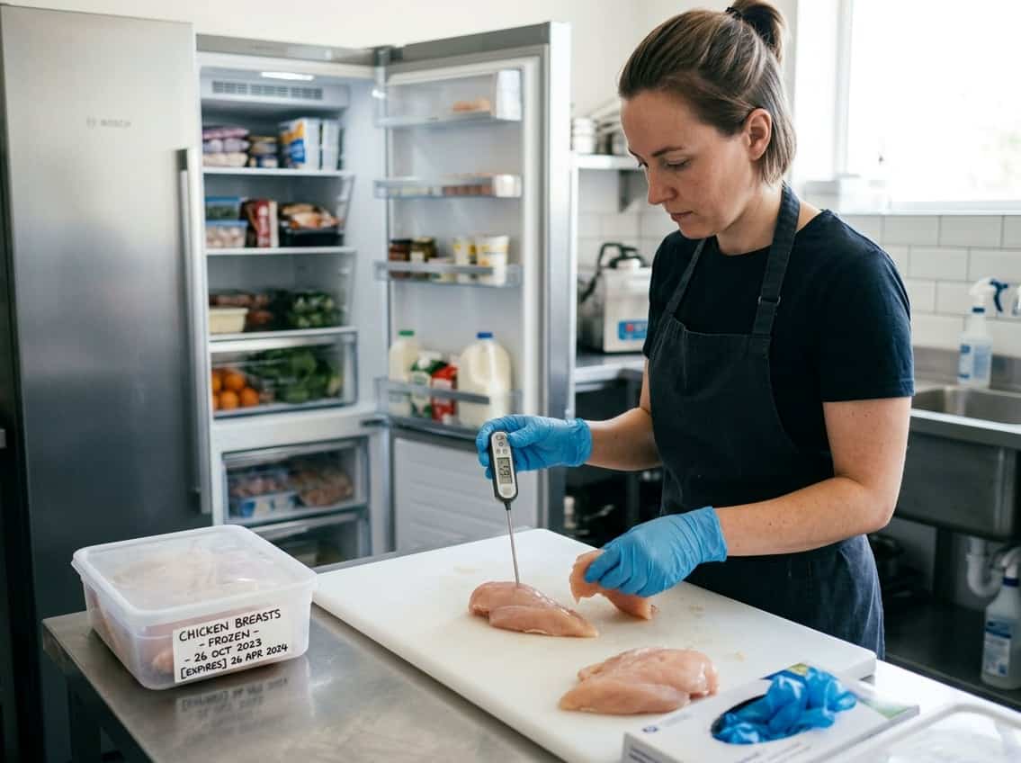 A person wearing gloves checking the temperature of raw chicken breasts on a cutting board in a clean kitchen with an open refrigerator in the background.
