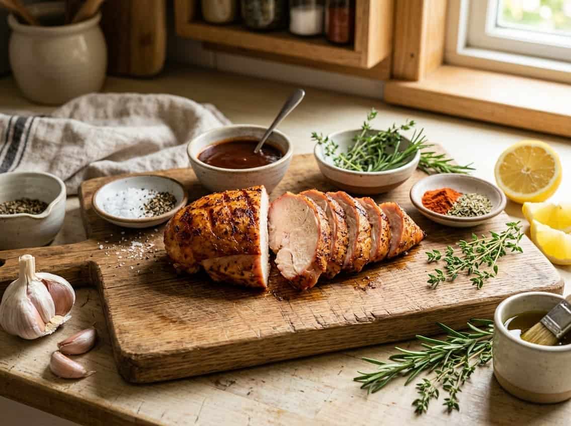 Smoked chicken breast on a wooden cutting board surrounded by spices, herbs, and fresh ingredients in a kitchen setting.