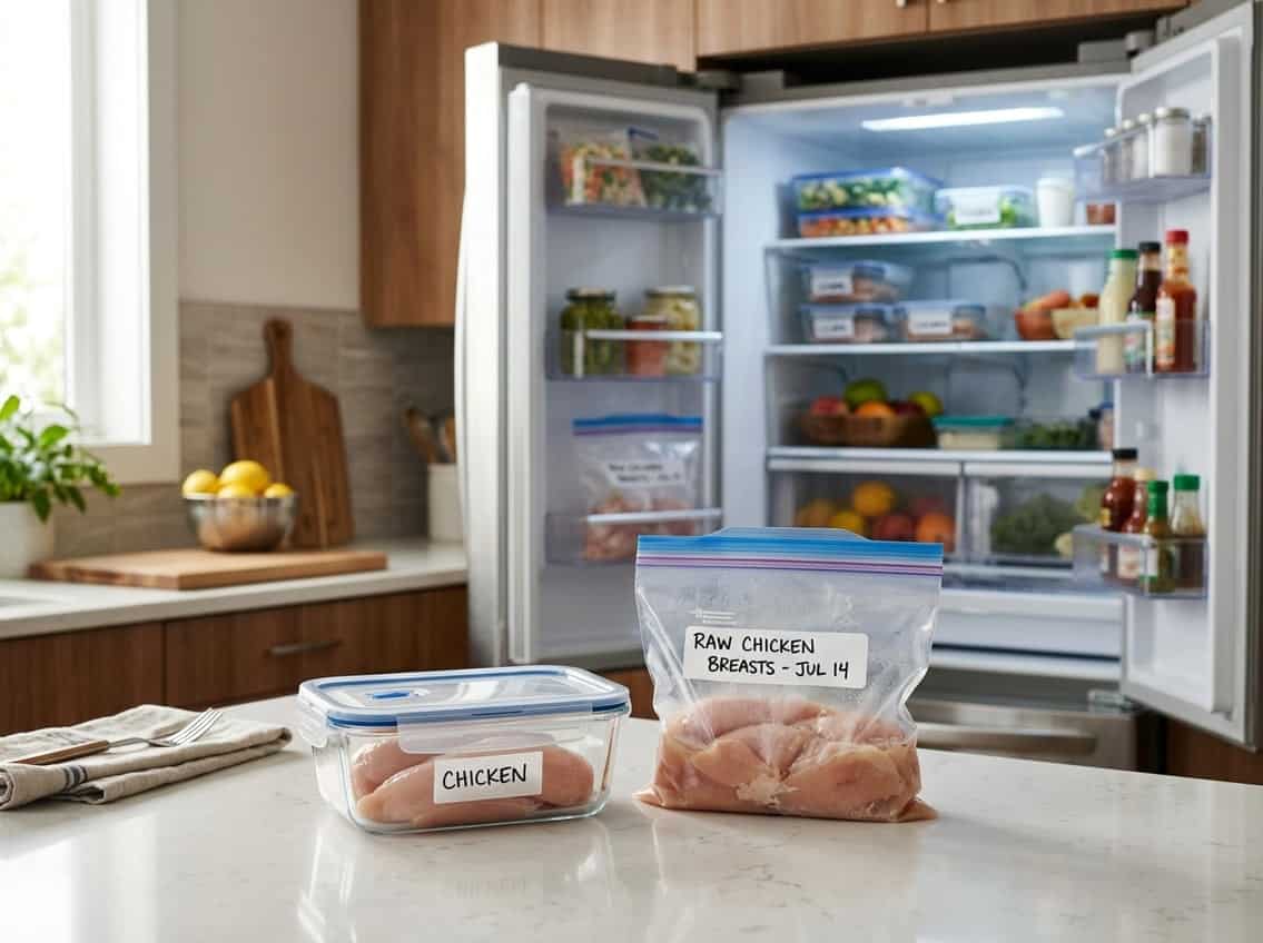 A kitchen counter with raw chicken breasts in a clear container and a freezer bag, next to an open refrigerator showing organized food storage.