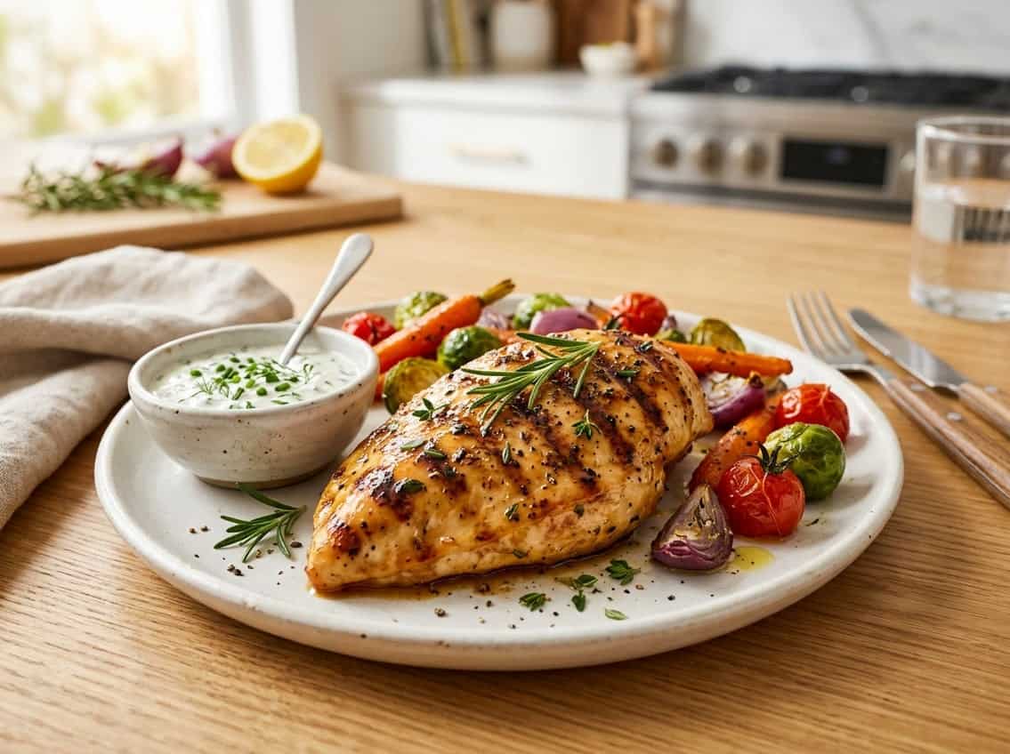 A plate with a juicy baked chicken breast garnished with herbs, accompanied by roasted vegetables on a kitchen countertop.