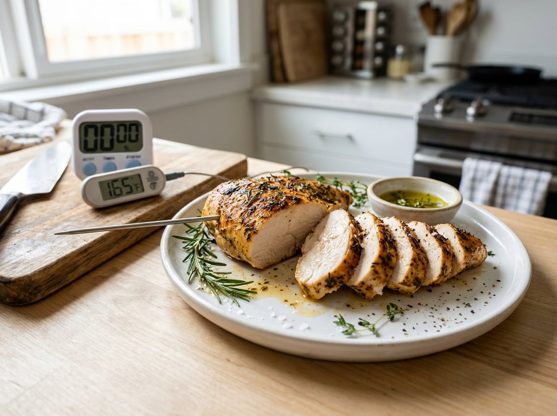 A sliced baked chicken breast on a white plate with a meat thermometer and kitchen timer nearby on a bright countertop.