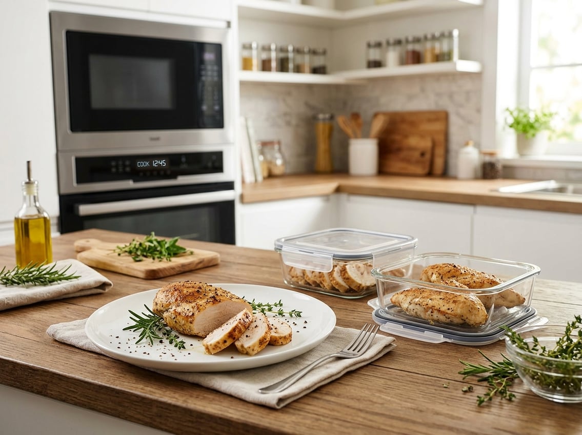 A baked chicken breast on a white plate with fresh herbs, glass containers of cooked chicken nearby, and a microwave oven in a clean kitchen.