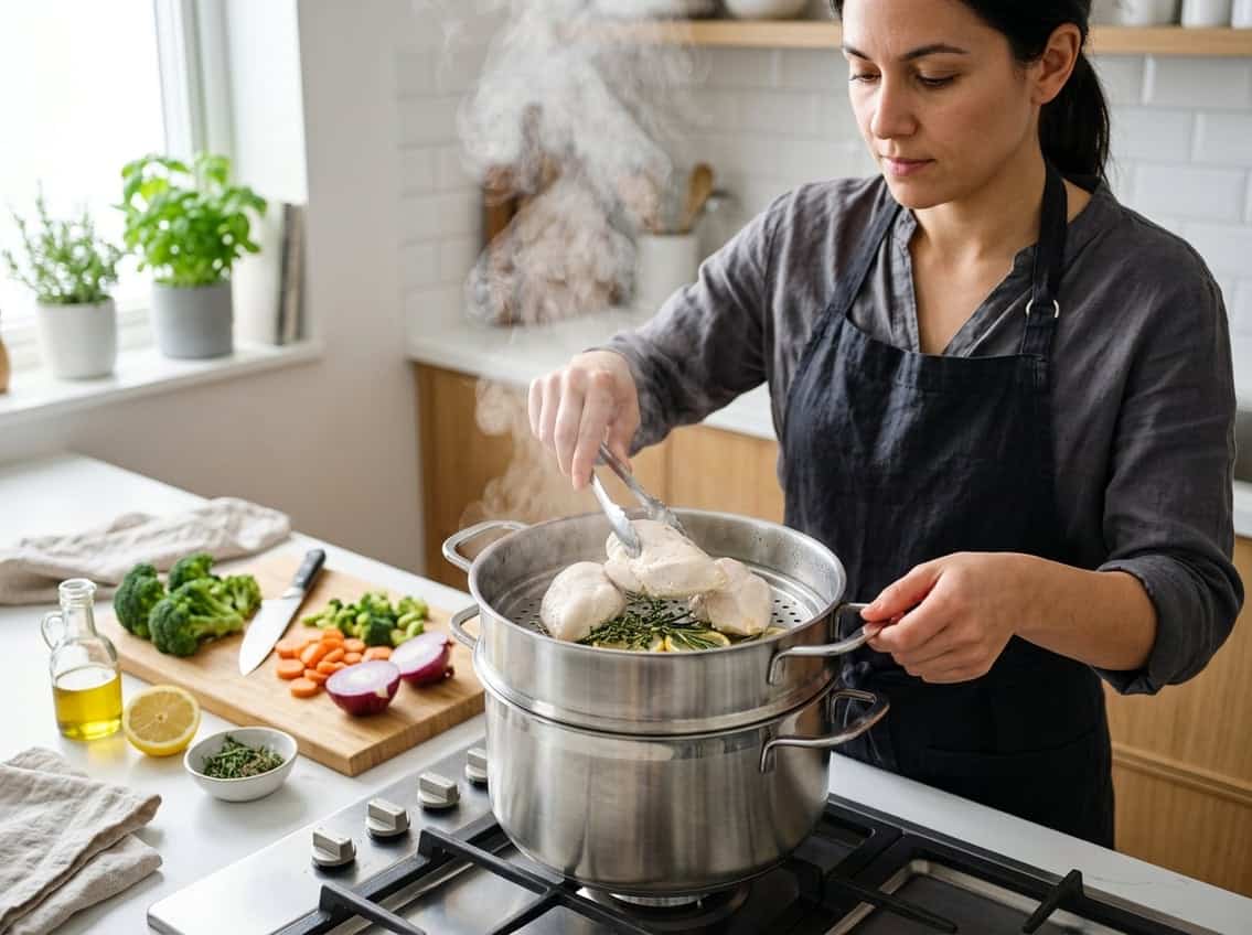 A person steaming chicken breasts in a pot on a stovetop with steam rising, surrounded by fresh ingredients in a bright kitchen.