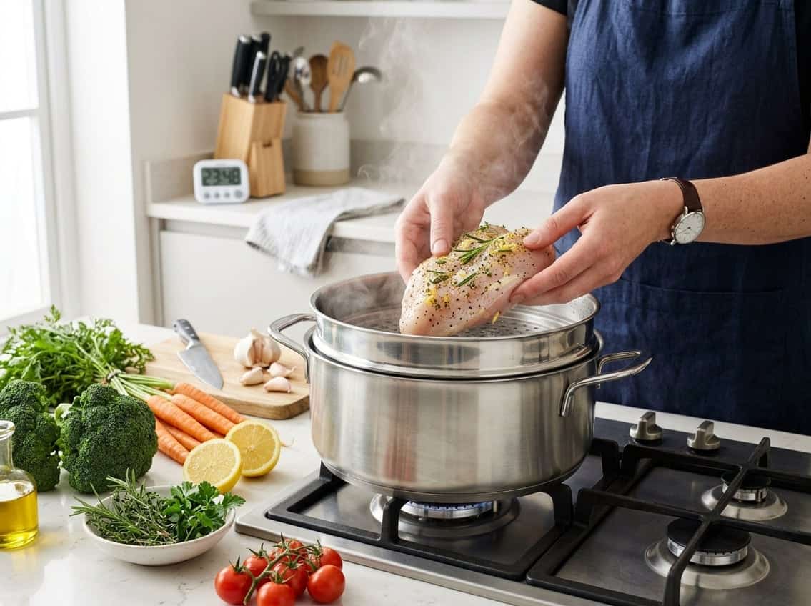Hands placing a chicken breast into a steaming basket in a kitchen with fresh ingredients and steam rising.