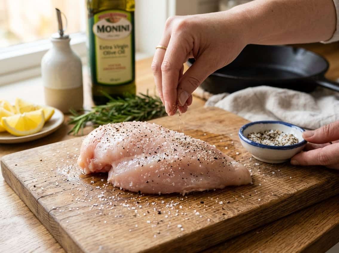 A close-up of a raw chicken breast being seasoned on a wooden cutting board with fresh ingredients nearby.