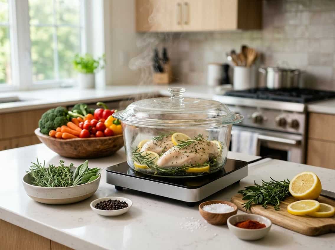 Steaming chicken breasts in a glass steamer basket on a kitchen countertop surrounded by fresh herbs, lemon slices, and colorful seasonings.