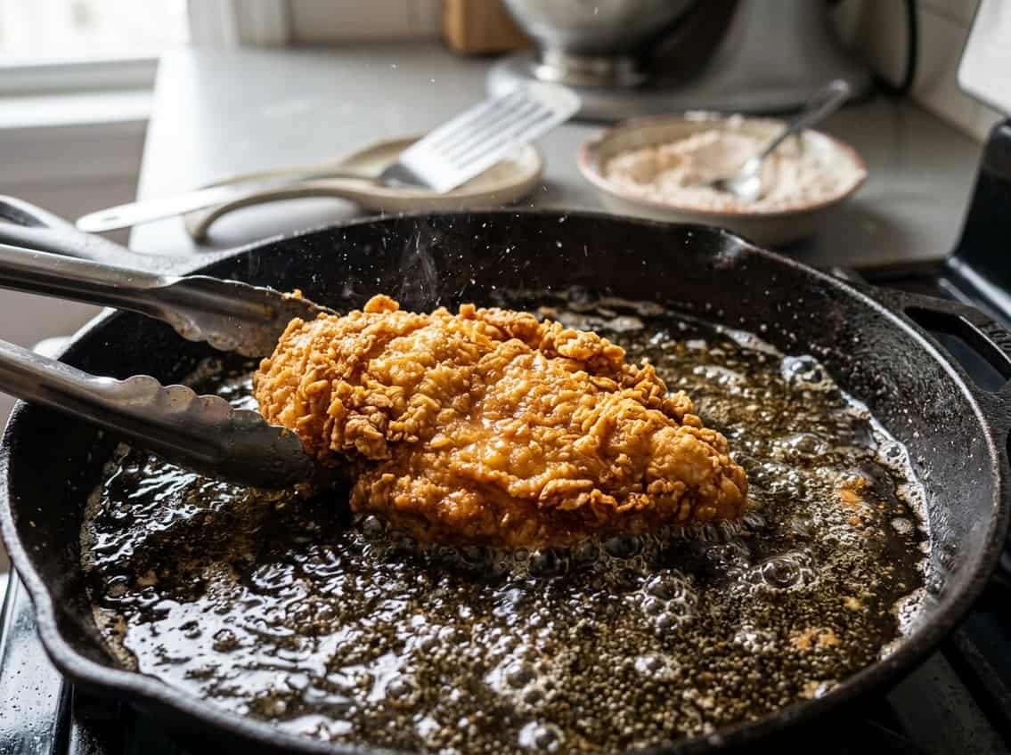 Close-up of a crispy fried chicken breast cooking in hot oil in a frying pan.