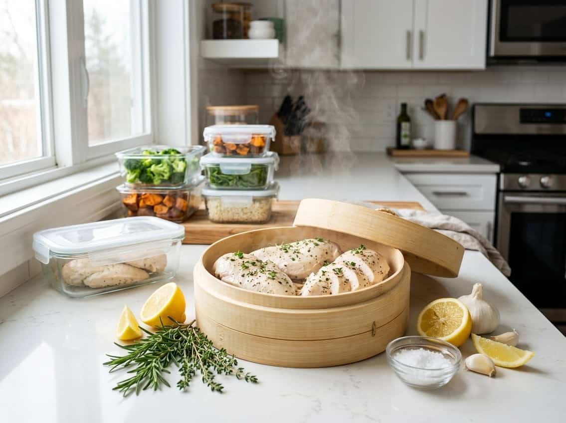 Steaming basket with cooked chicken breasts on a kitchen counter surrounded by fresh herbs and glass containers with stored food.