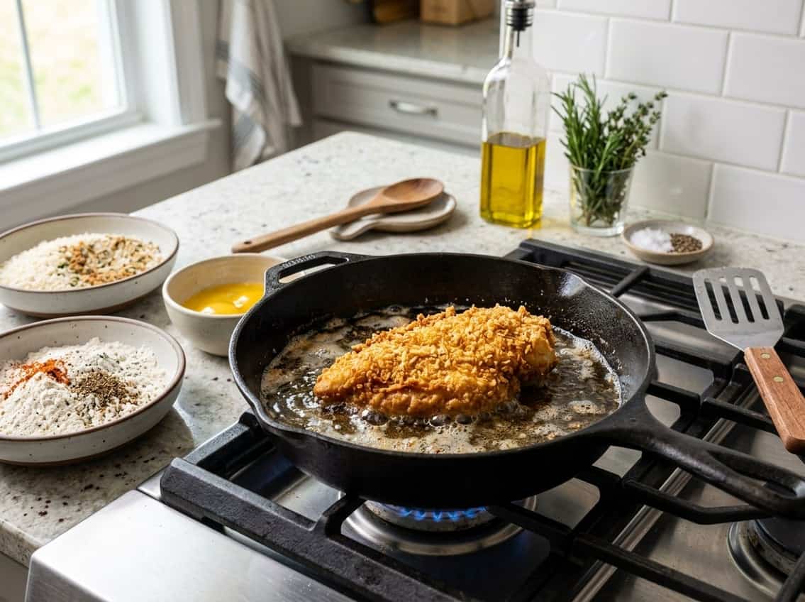 Close-up of a golden fried chicken breast cooking in a skillet with cooking ingredients and utensils nearby on a kitchen counter.