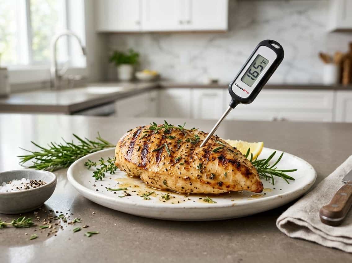 A cooked chicken breast on a white plate with herbs and a kitchen thermometer inserted into it on a kitchen countertop.